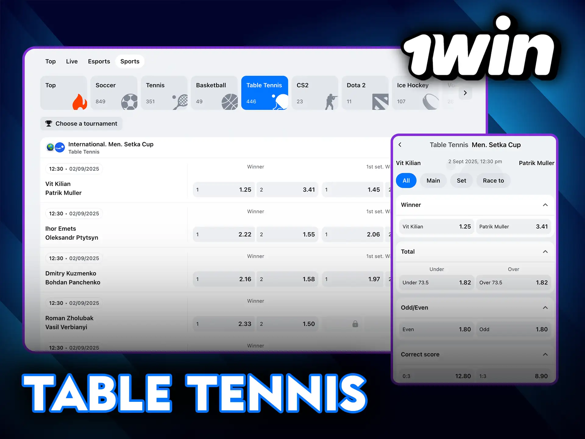 Table tennis betting made easy at 1Win.