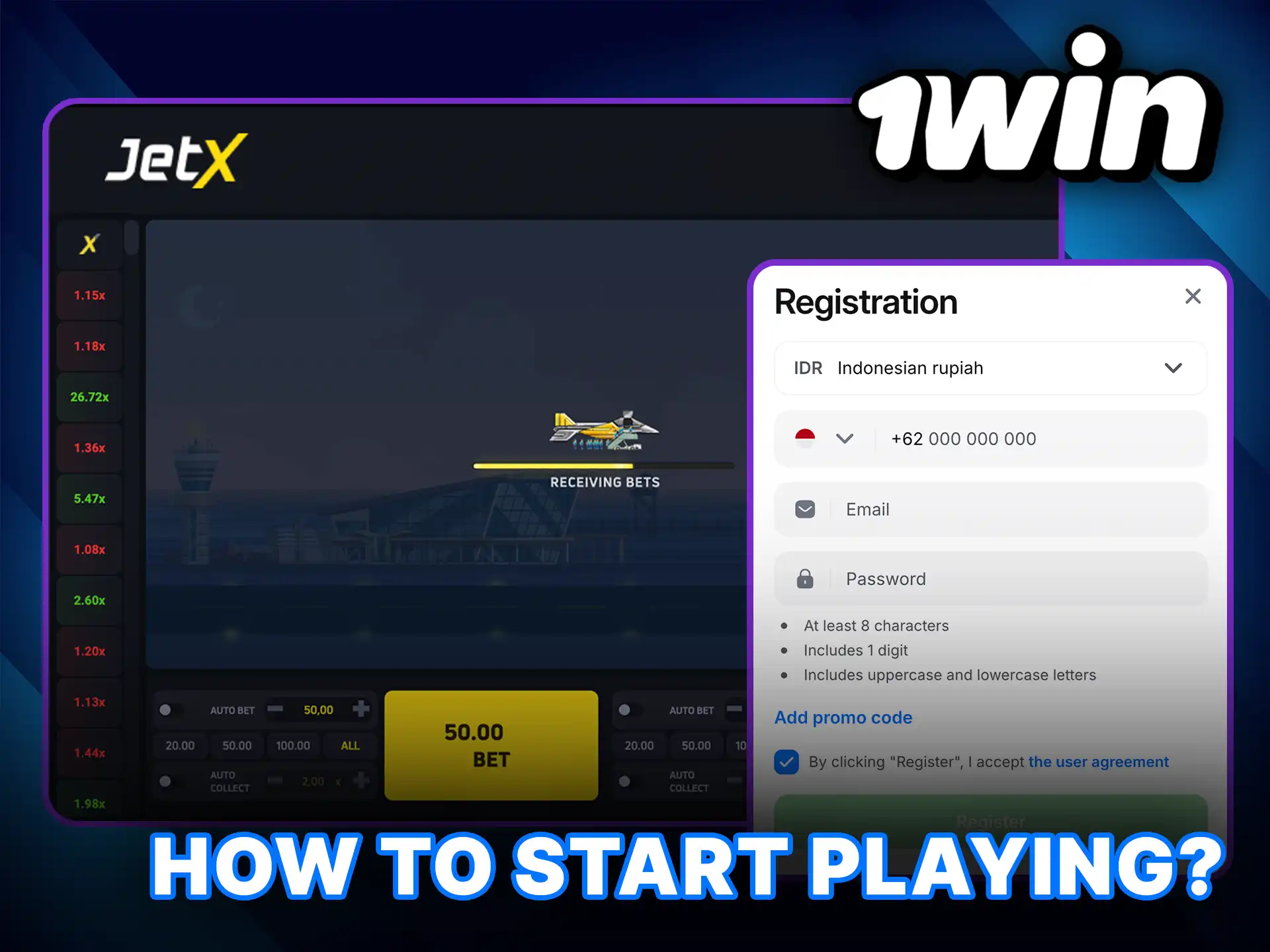 Learn how to start playing JetX at 1Win Casino and launch your first winning round.