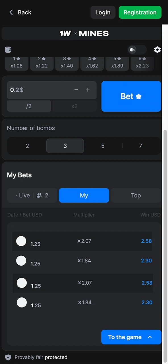 Review the Mines bets section and analyze your winning history with 1Win.
